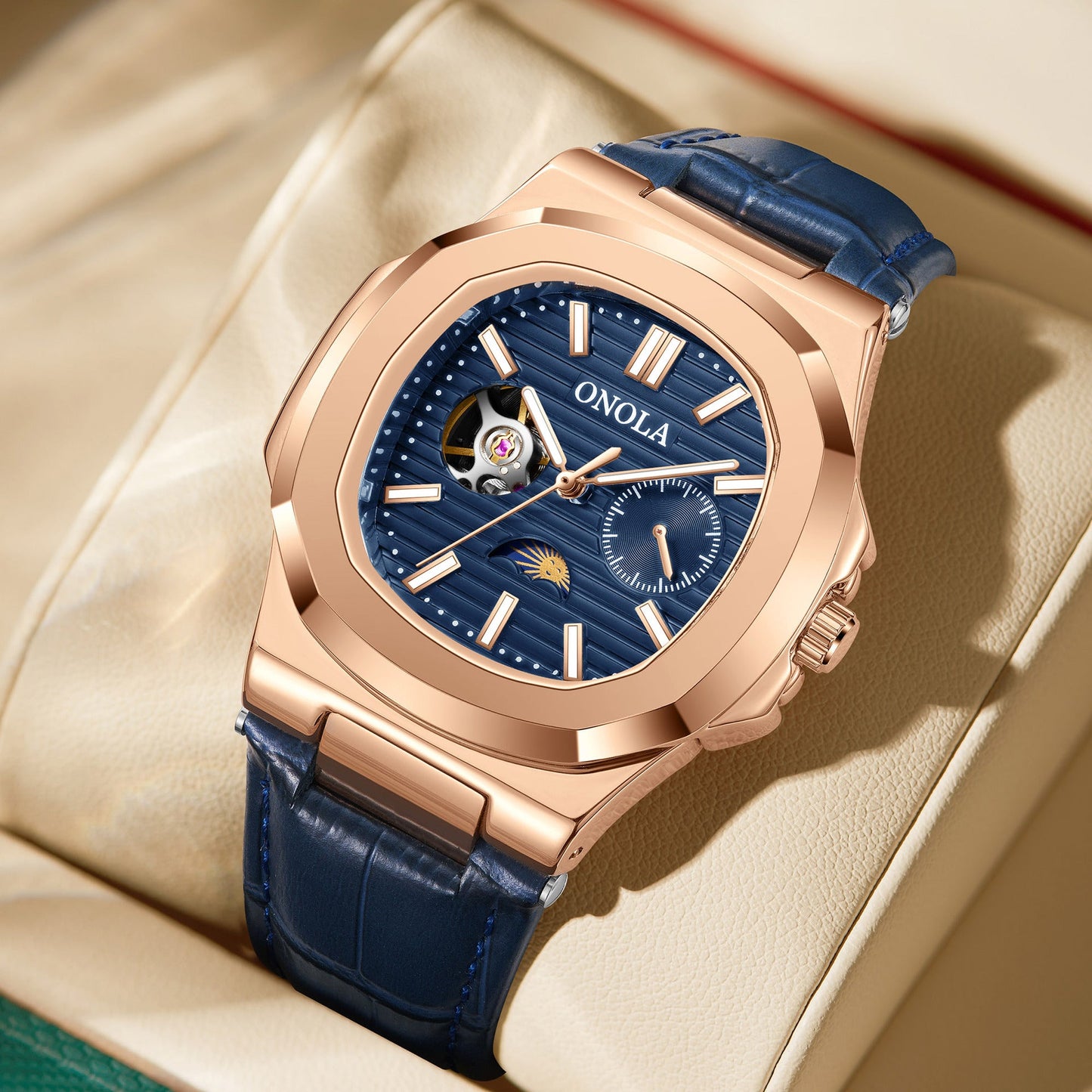 High-Quality Mechanical Watch Sun Moon And Stars Design Waterproof Leather Strap